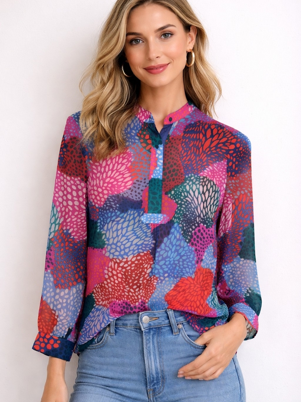 Anne Klein Women's Abstract Print Blouse Size 2 Multicolor Mandarin Collar
